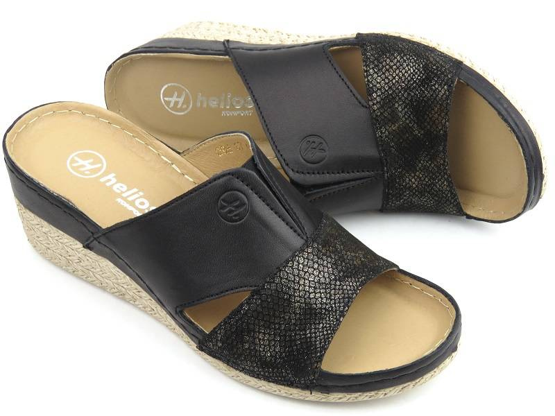 Skórzane klapki damskie na koturnie - HELIOS Komfort 295, czarne