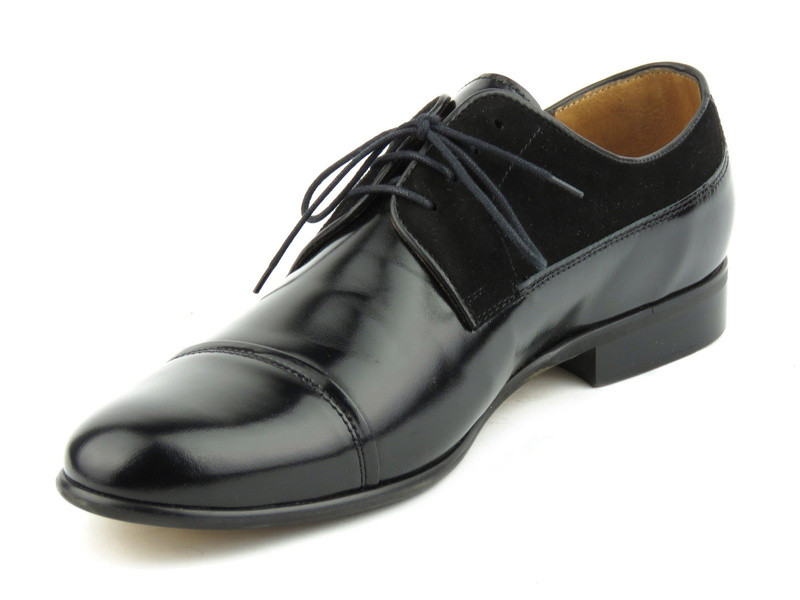 Skórzane półbuty męskie wizytowe z dwóch rodzajów skór - Conhpol 6066, czarne