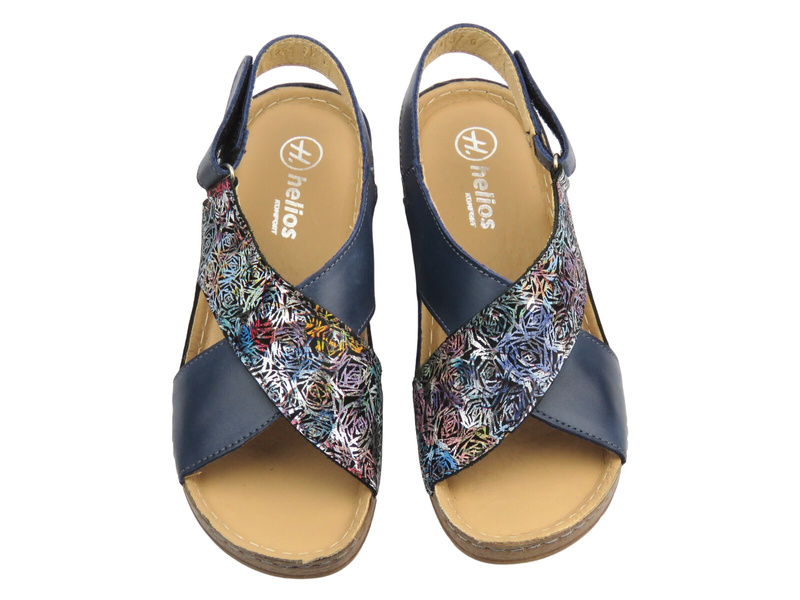 Skórzane sandały damskie ze skrzyżowanymi paskami - Helios Komfort 253, granatowe