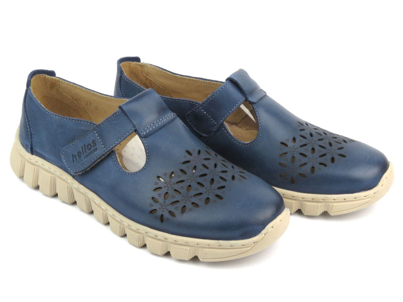 Skórzane półbuty damskie wiosenne - Helios Komfort 421, granatowe
