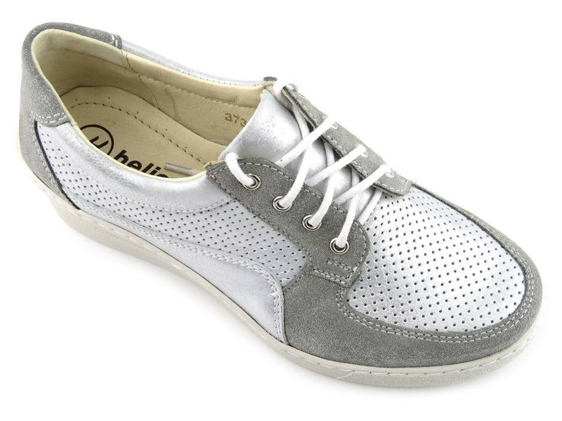 Skórzane sneakersy damskie na koturnie - HELIOS Komfort 373, szare z połyskiem