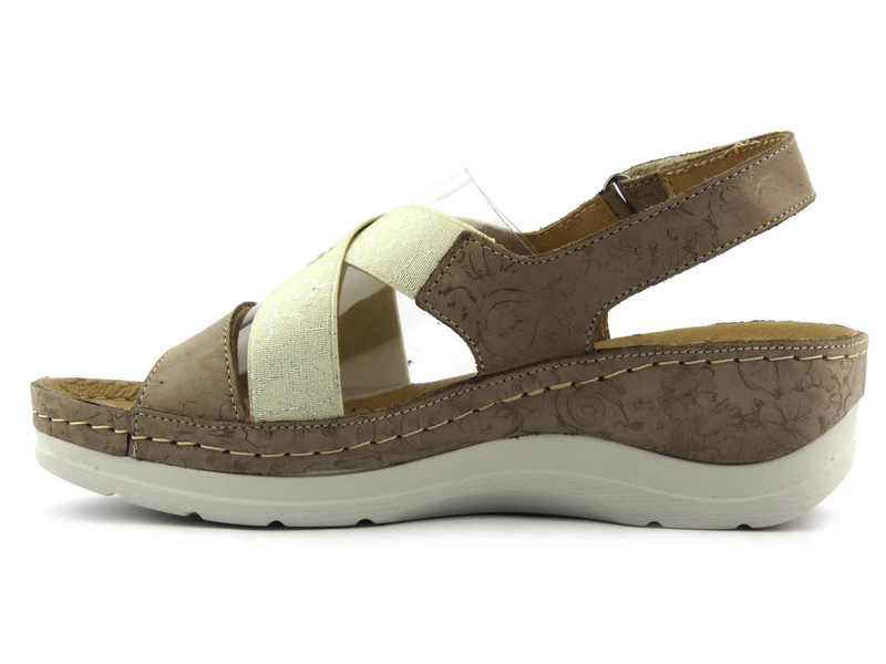 Skórzane sandały damskie na koturnie - HELIOS Komfort 100, beż 2