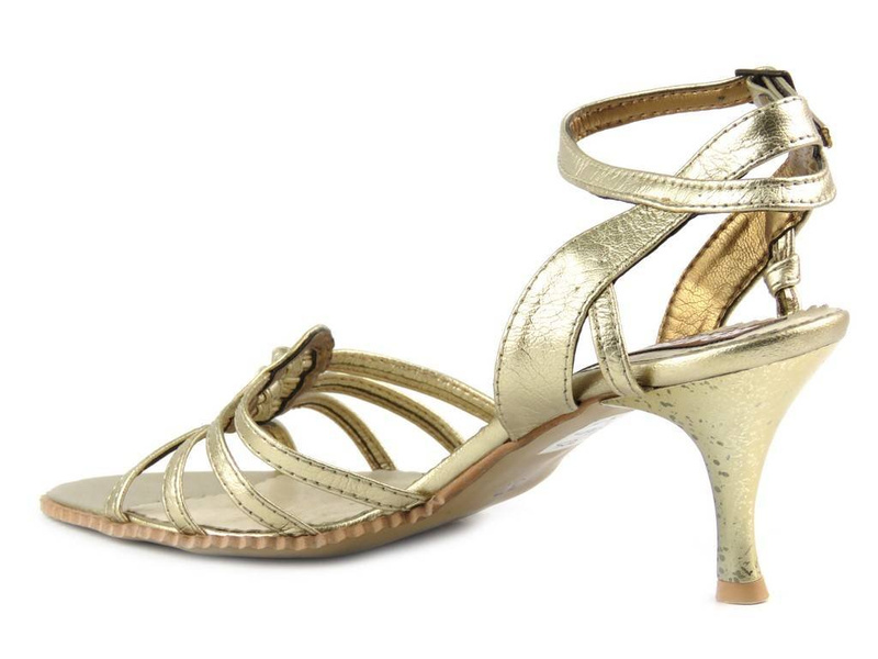 Skórzane sandały damskie na szpilce - Bratbut S-1, złote