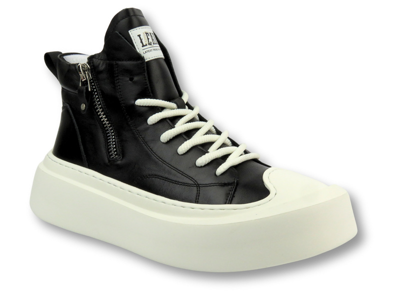 Skórzane sneakersy męskie za kostkę - JOHN DOUBARE 6119, czarne