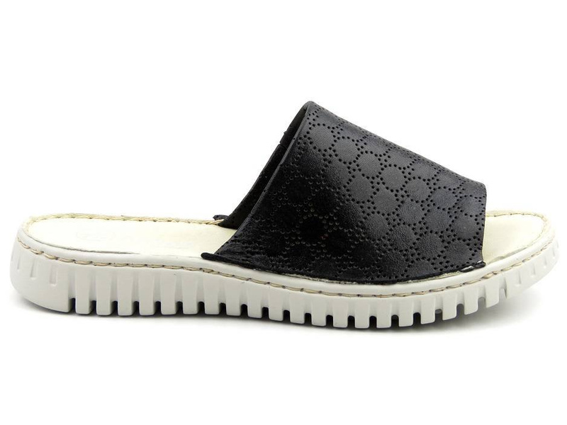 Skórzane klapki damskie na białej podeszwie - HELIOS Komfort 255, czarne