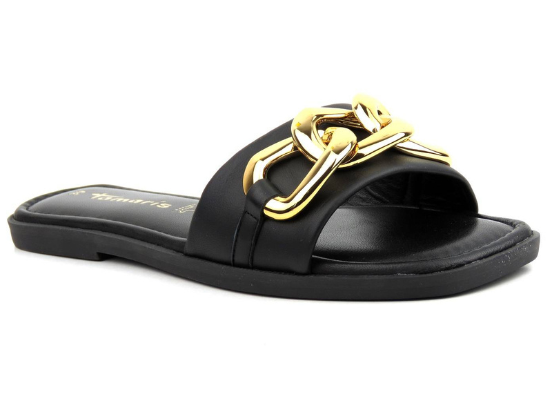 Klapki damskie ze srebrnym łańcuchem - TAMARIS 27119, czarne