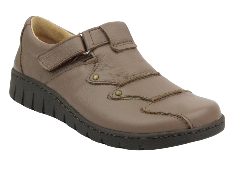 Skórzane półbuty damskie zapinane na rzep - Helios Komfort 780-2S, brązowe
