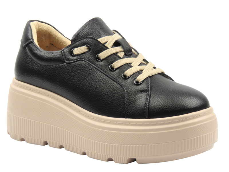 Skórzane sneakersy damskie na platformie czarne Cambell 25-19374