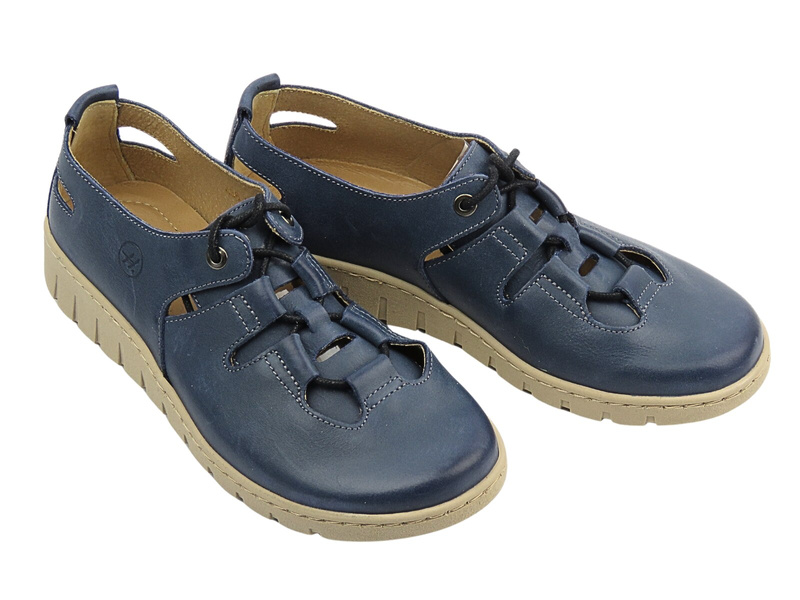 Wygodne półbuty damskie skórzane granatowe Helios Komfort 438