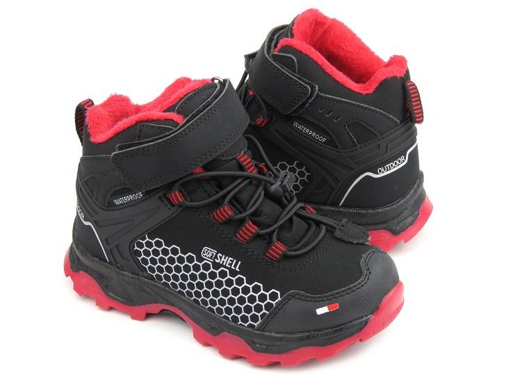 Śniegowce, trekkingi dziecięce z softshell - AMERICAN CLUB HL 29/22, czarne z czerwonym