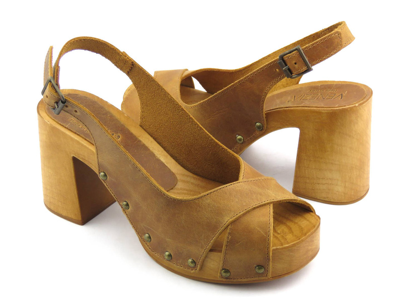 Sandały damskie na drewnianym obcasie - VENEZIA 455 CRAZY TIMBER, brązowe drewniaki