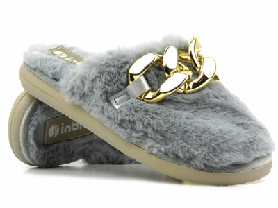 Futerkowe kapcie damskie z łańcuchem - INBLU EK-06, szare