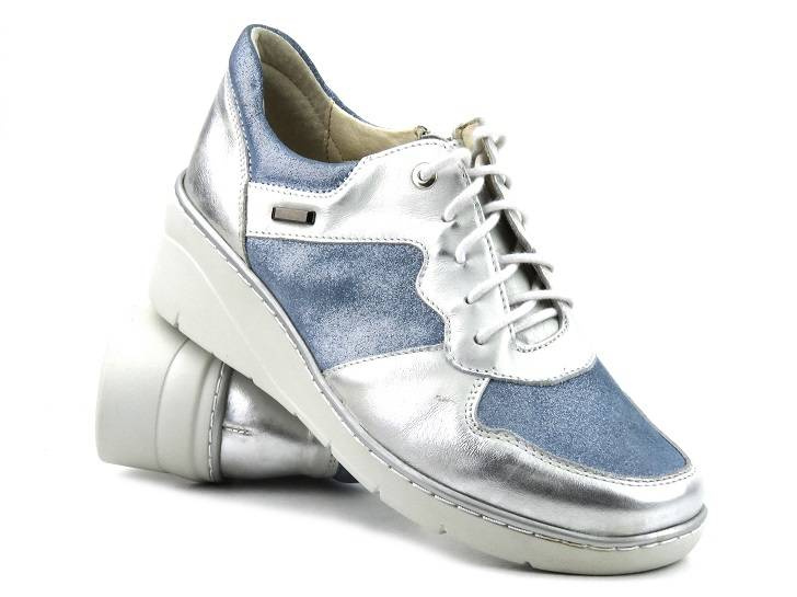 Sneakersy damskie z suwakiem i sznurowaniem - Helios Komfort 347, srebrne