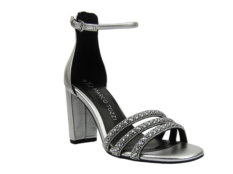 Eleganckie sandały damskie na słupku srebrne Marco Tozzi 2-28318-44
