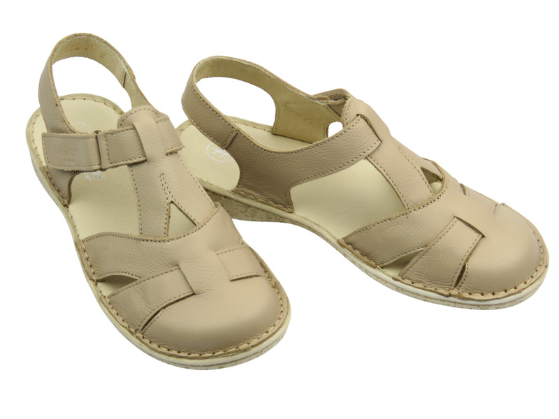 Skórzane sandały damskie z zabudowanym przodem ecru Helios Komfort 152