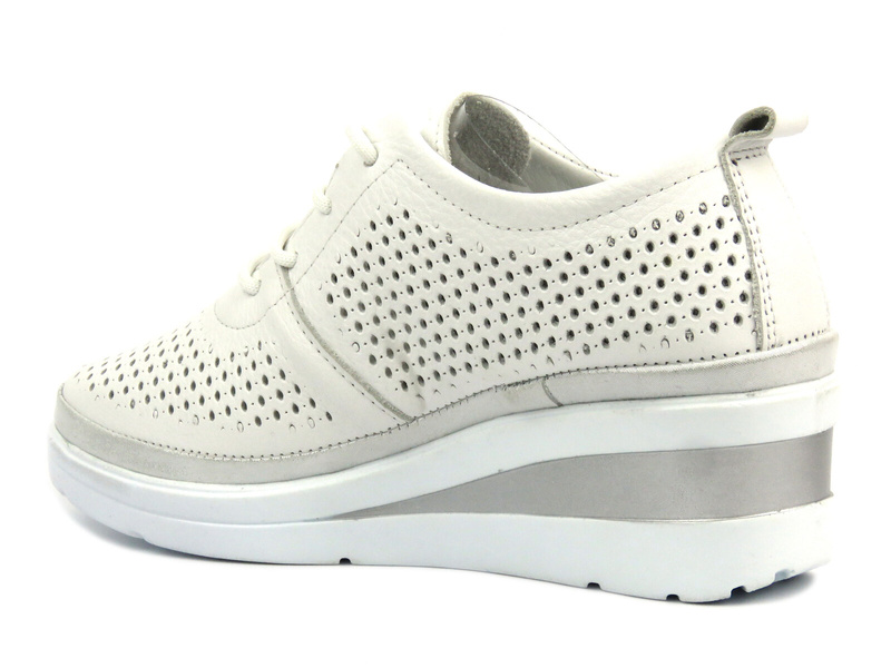Sneakersy, półbuty damskie na koturnie - Helios 1304, biało-srebrne