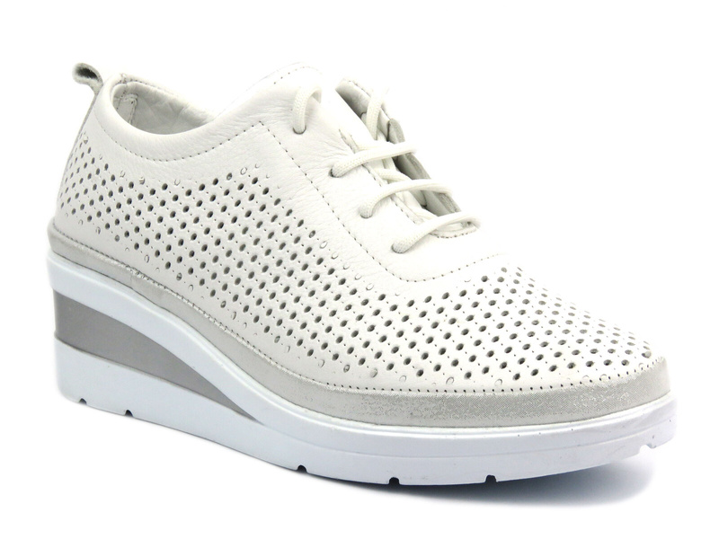 Sneakersy, półbuty damskie na koturnie - Helios 1304, biało-srebrne
