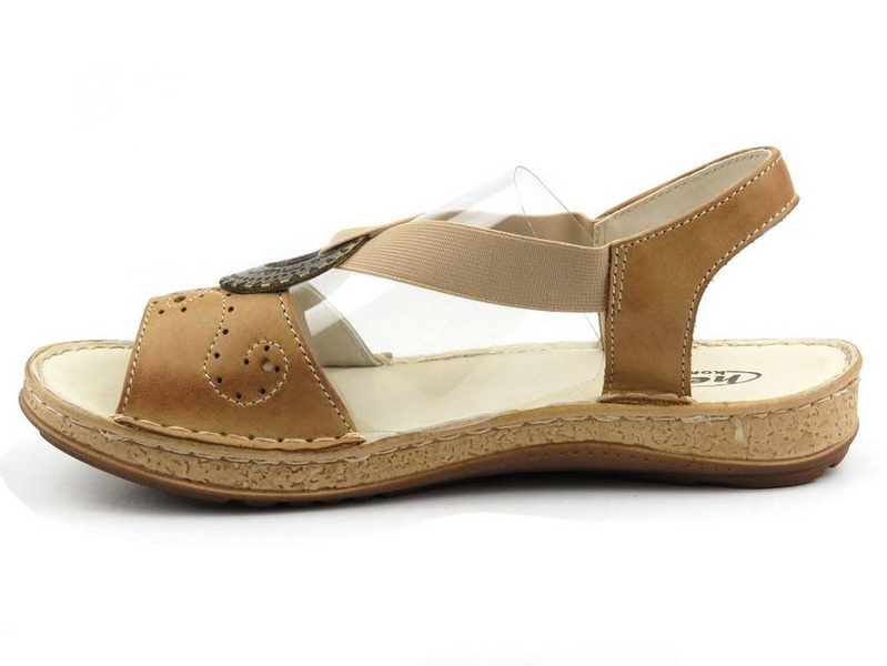 Skórzane sandały damskie z klamrą - Helios Komfort 672, jasnobrązowe