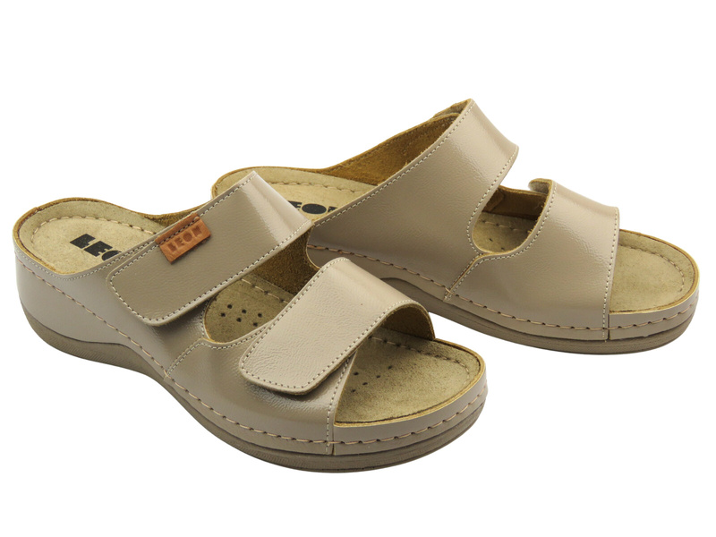 Skórzane Klapki Damskie beżowe Leon 931