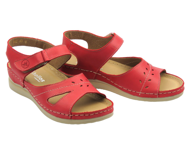 Skórzane sandały damskie na rzep czerwone Helios Komfort 142