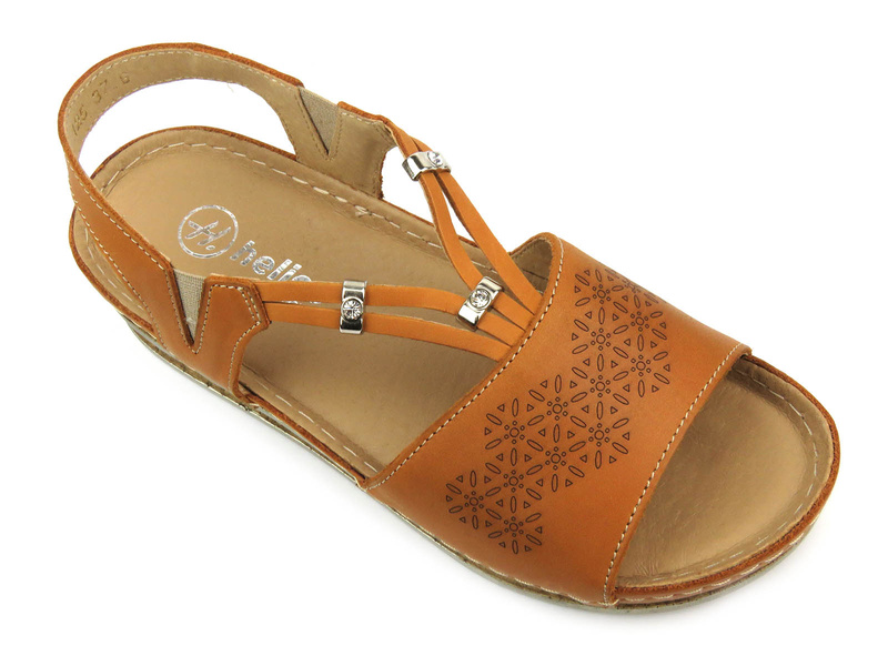 Skórzane sandały damskie na delikatnym koturnie - HELIOS Komfort 125, jasnobrązowe