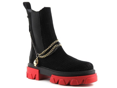 Zamszowe workery damskie CARINII B7023, czarne na czerwonej podeszwie