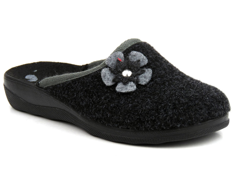Ciepłe kapcie damskie z kwiatkiem na cholewce - INBLU 064-86, grafitowe