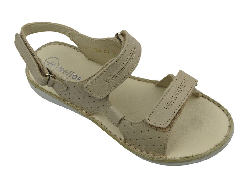 Skórzane sandały damskie na rzepy - Helios Komfort 794S, kremowe