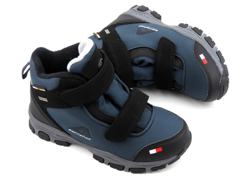 Zimowe trekkingi dziecięce na rzepy - AMERICAN CLUB Soft Shell WT69/21, granatowe