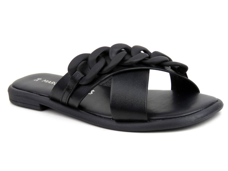 Skórzane klapki damskie z ozdobnym łańcuchem - MARCO TOZZI 27121, czarne