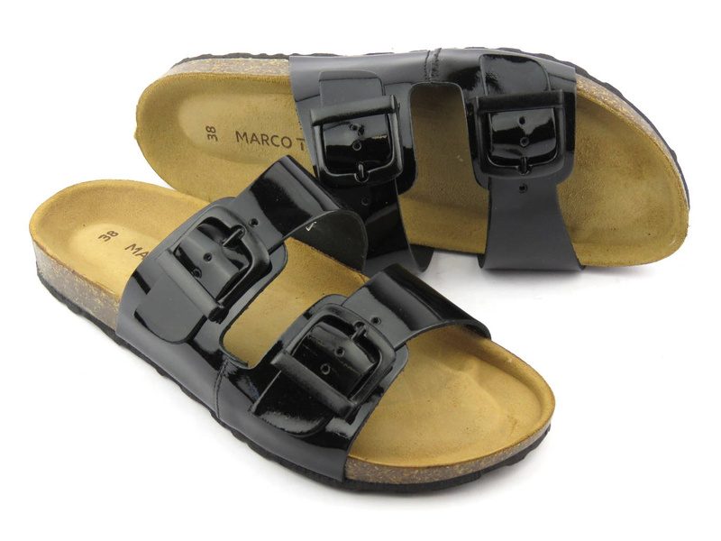 Skórzane klapki damskie z regulowanymi paskami - MARCO TOZZI 27405, czarne