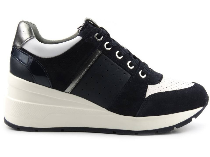 Sneakersy damskie na białym koturnie - Geox Respira D158LA, granatowe