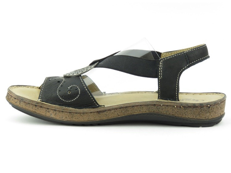 Skórzane sandały damskie z klamrą - Helios Komfort 672, czarne