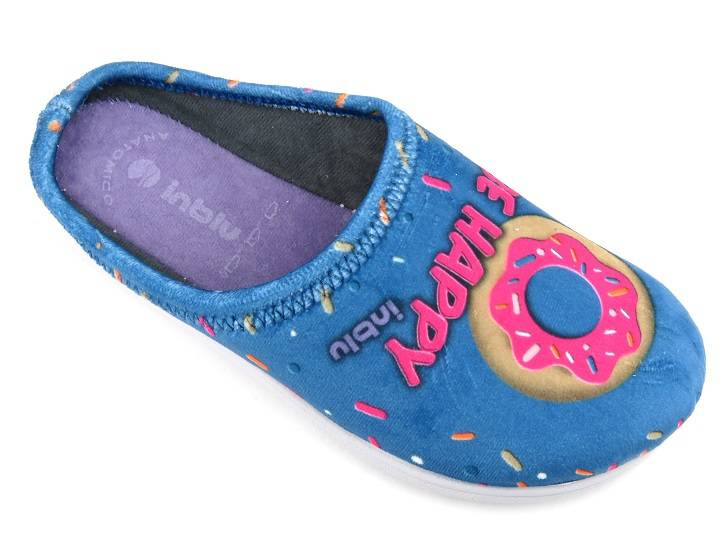 Kapcie damskie, młodzieżowe z pączkami, donutami - INBLU MINDY, niebieskie