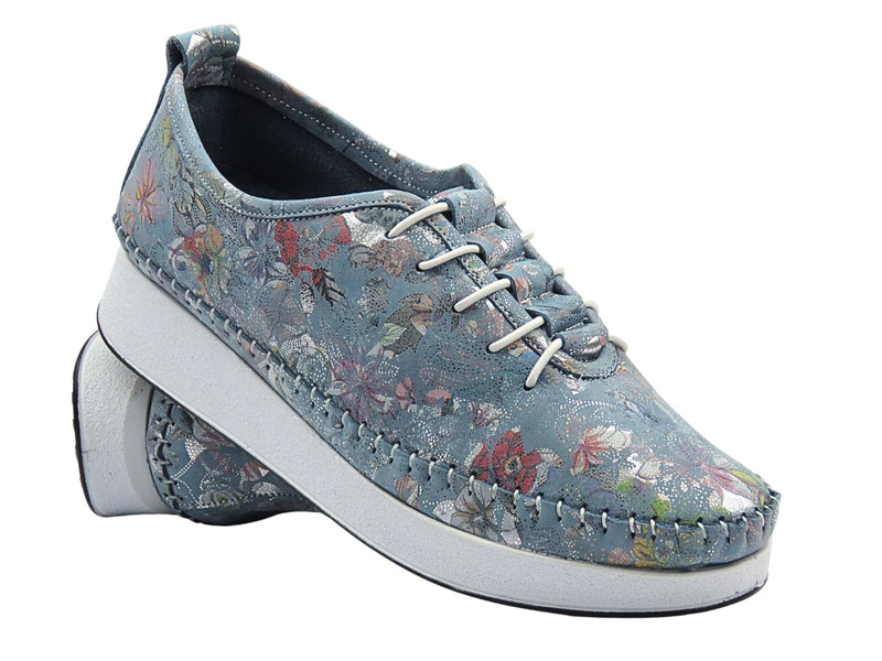 Skórzane półbuty damskie w kwiaty niebieskie VENEZIA E149NUBUOSP029