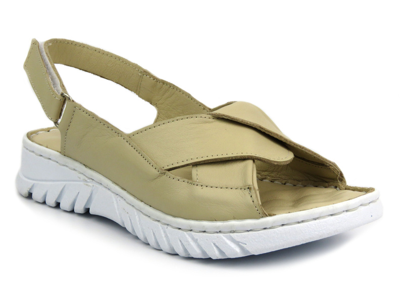 Skórzane sandały damskie na rzep - Potocki 24-84300, beżowe