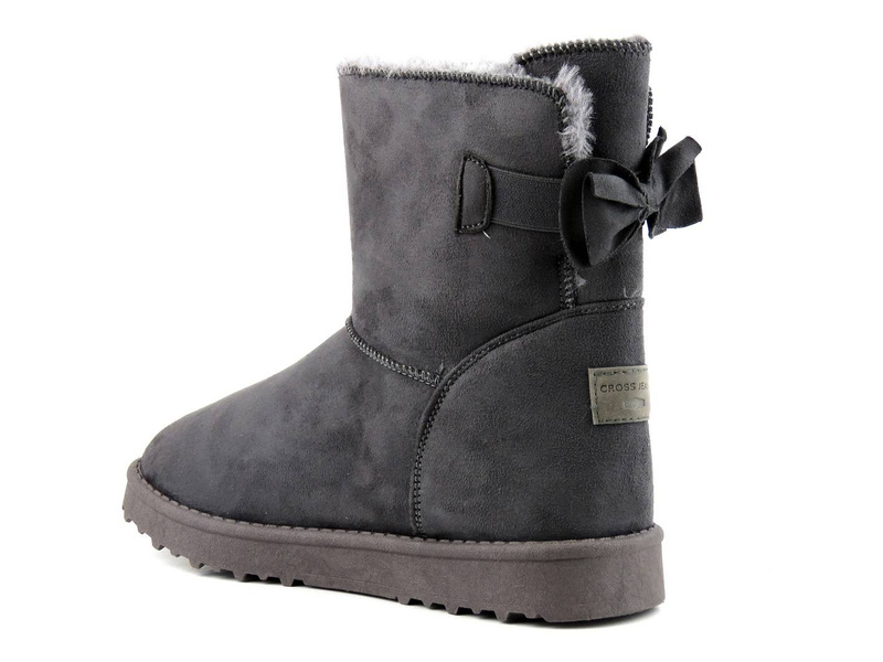 Ciepłe śniegowce damskie a la emu - CROSS JEANS EE2R4149C, szare z kokardką
