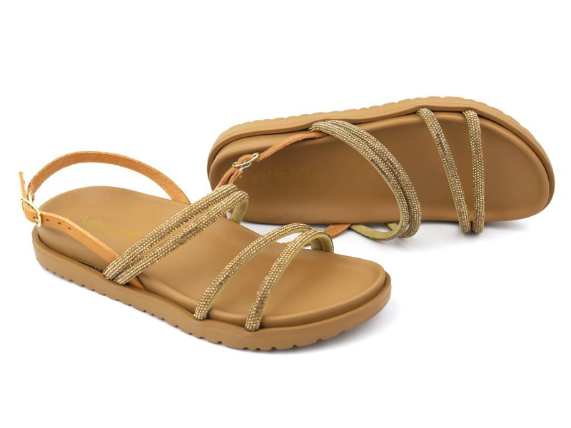 Sandały damskie z błyszczącymi paskami - VENEZIA 1792, brązowe