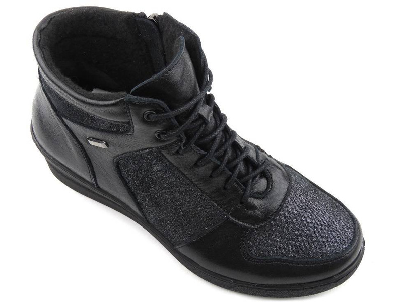 Skórzane botki, sneakersy damskie polskiej marki HELIOS Komfort 597, czarne z brokatem