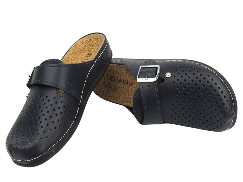 Skórzane Klapki Damskie Medyczne Z Korkową Wkładką - Inblu 158D259, Granatowe