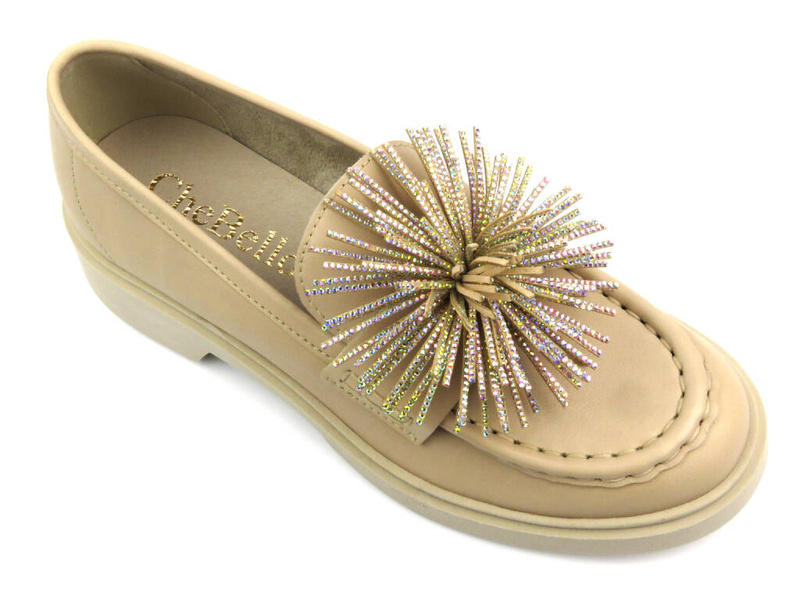 Półbuty, loafersy damskie na grubej podeszwie - CheBello 4383, beżowe