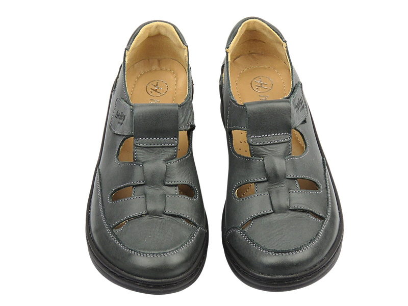 Skórzane półbuty damskie zapinane na rzep grafitowe Helios Komfort 437