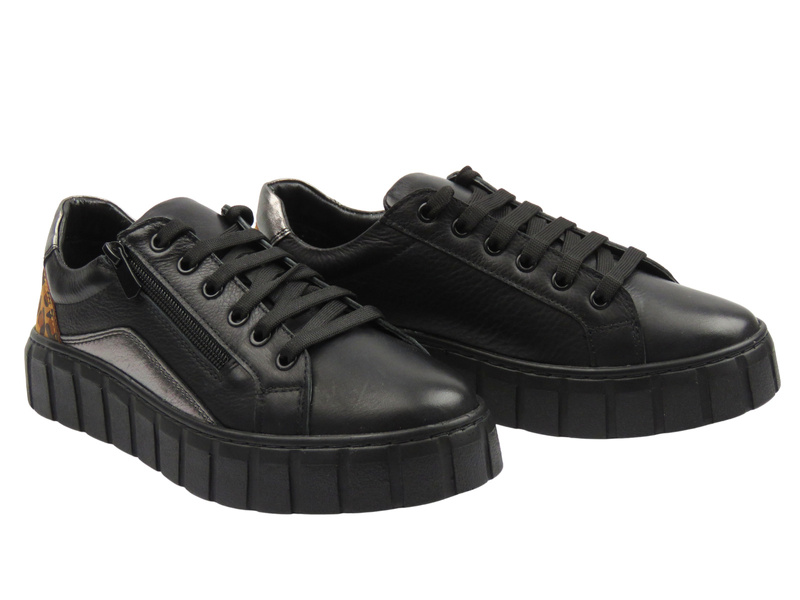 Skórzane półbuty damskie Sokolski J25-404, czarne z panterką