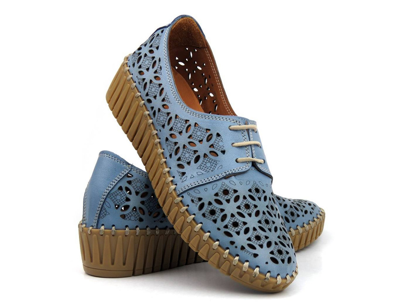Ażurowe półbuty damskie ze skóry naturalnej - MANITU 850021, niebieskie