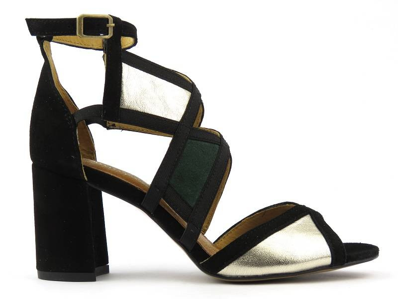 Eleganckie sandały damskie na słupku - MACIEJKA 05181-09, czarne z zielenią i złotem