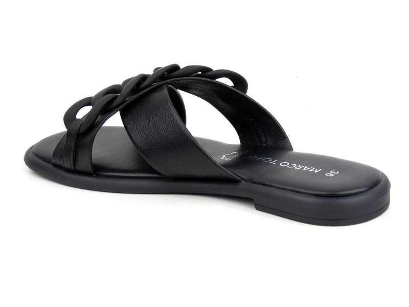 Skórzane klapki damskie z ozdobnym łańcuchem - MARCO TOZZI 27121, czarne