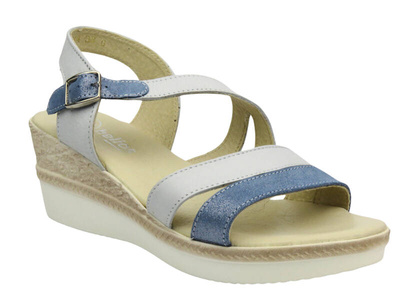 Skórzane sandały damskie na ozdobnym koturnie - HELIOS Komfort 244, niebieskie