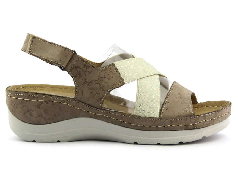 Skórzane sandały damskie na koturnie - HELIOS Komfort 100, beż 2