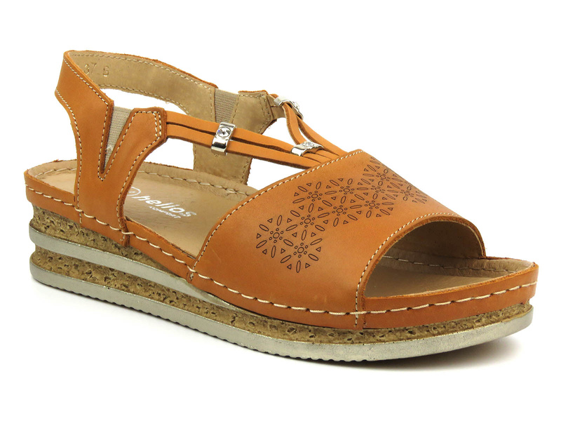 Skórzane sandały damskie na delikatnym koturnie - HELIOS Komfort 125, jasnobrązowe