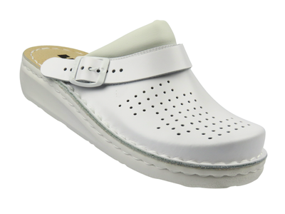 Skórzane klapki damskie z zakrytymi palcami białe Leon 300